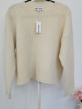 DKNY Cream Cable Knit Crewneck Sweater